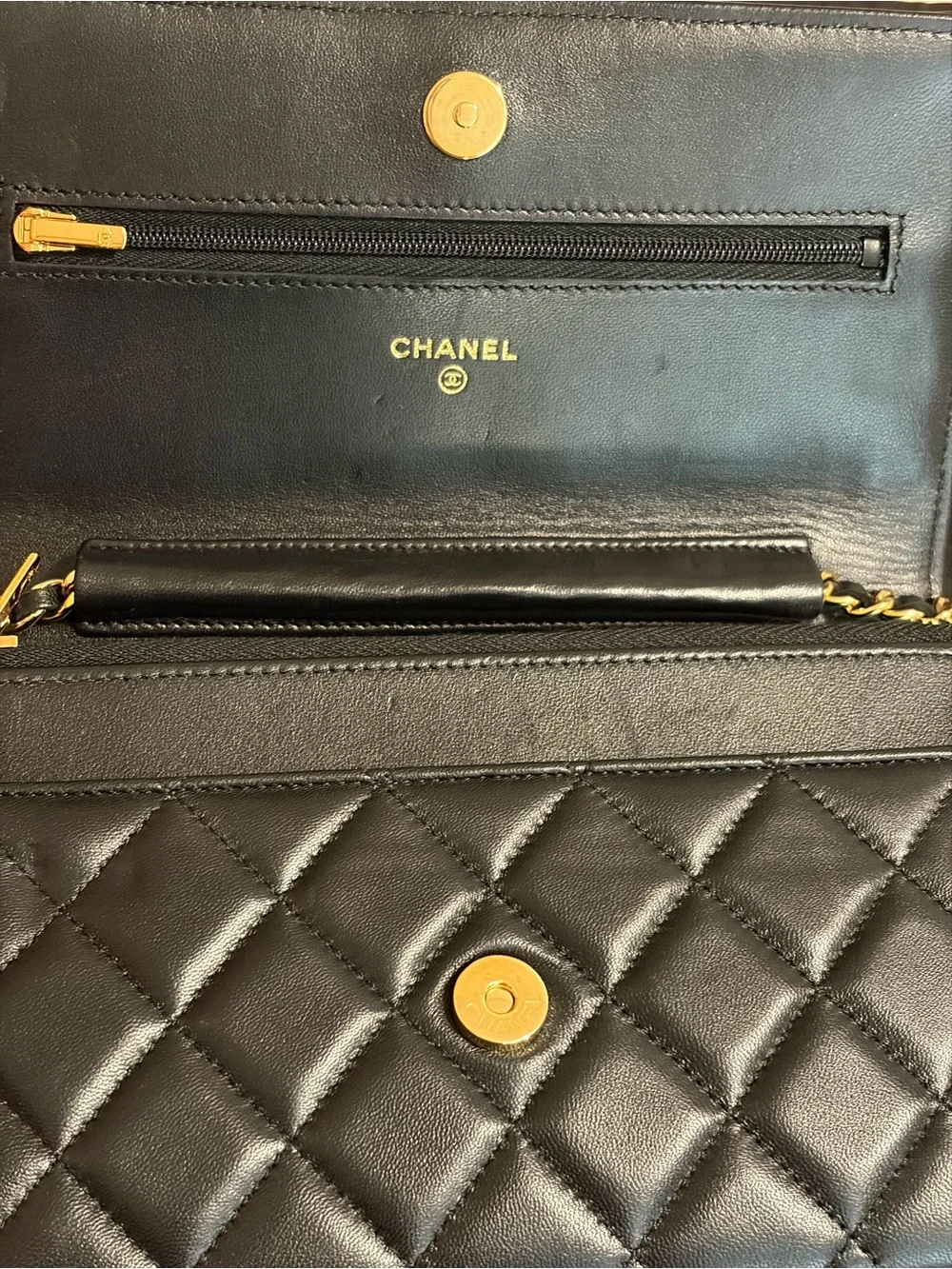 CHANEL Black Quilted Leather Wallet-on-Chain with Gold Hardware